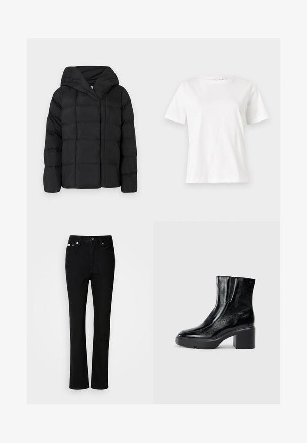 Melnā pūkņu jakas ar kapuci, ar kvadrātu tekstūru un pārspīlētu siluetu. Mīksta auduma ar priekšējo aizdari un minimālistisku dizainu.; Baltas kokvilnas T-krekls ar īsām piedurknēm, apaļu kakla izgriezumu un brīvu piegriezumu. Gluda tekstūra, bez rakstiem vai akcentiem, minimālistisks dizains.; Melnas taisna griezuma džinsi ar priekšējo pogu un rāvējslēdzēju, jostas cilpām un piecu kabatu dizainu.; Melnas lakotas ādas potītes zābaki ar izliekto purngalu, elastīgām sānu paneļiem un masīvu blokveida papēdi. Aizmugurē ir izsistā logo.