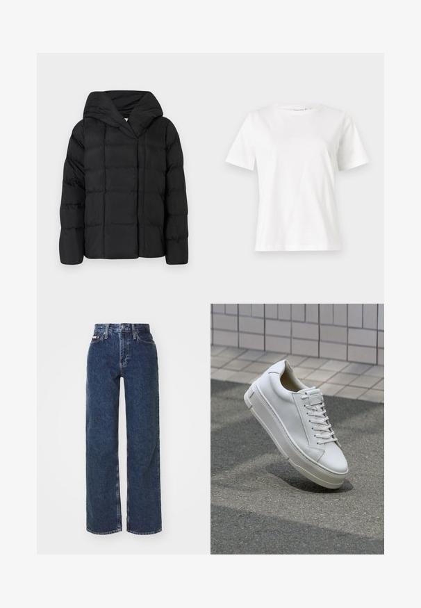 Μαύρο μπουφάν πούφ με κουκούλα, με επενδυμένη υφή και υπερμεγέθη σιλουέτα. Μαλακό ύφασμα με μπροστινό κλείσιμο και μινιμαλιστικό σχέδιο.; Λευκό βαμβακερό μπλουζάκι με κοντά μανίκια, στρογγυλή λαιμόκοψη και άνετη εφαρμογή. Λείο υφασμάτινο, χωρίς σχέδια ή αξεσουάρ, μινιμαλιστικός σχεδιασμός.; Calvin Klein Jeans LOOSE - Wide leg - blue; Λευκό δερμάτινο sneaker με χαμηλό σχέδιο, επίπεδα κορδόνια, στρογγυλή μύτη και υφασμάτινες πλευρές. Παχύ καουτσούκ σόλα με διακριτικά σημεία.