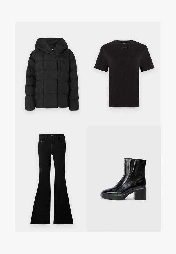 Giubbotto nero imbottito con cappuccio, dotato di texture trapuntata e silhouette oversize. Tessuto morbido con chiusura frontale e design minimalista.; T-shirt in cotone nero con maniche corte, colletto a girocollo e piccolo logo bianco "Calvin Klein" sul petto. Texture liscia, vestibilità classica.; Jeans neri a palazzo con vita alta, in denim, dotati di tasche frontali e un piccolo logo sul taschino anteriore.; Stivali alla caviglia in pelle verniciata nera con punta curva, pannelli laterali elasticizzati e tacco robusto. Presentano un logo impresso sul retro.