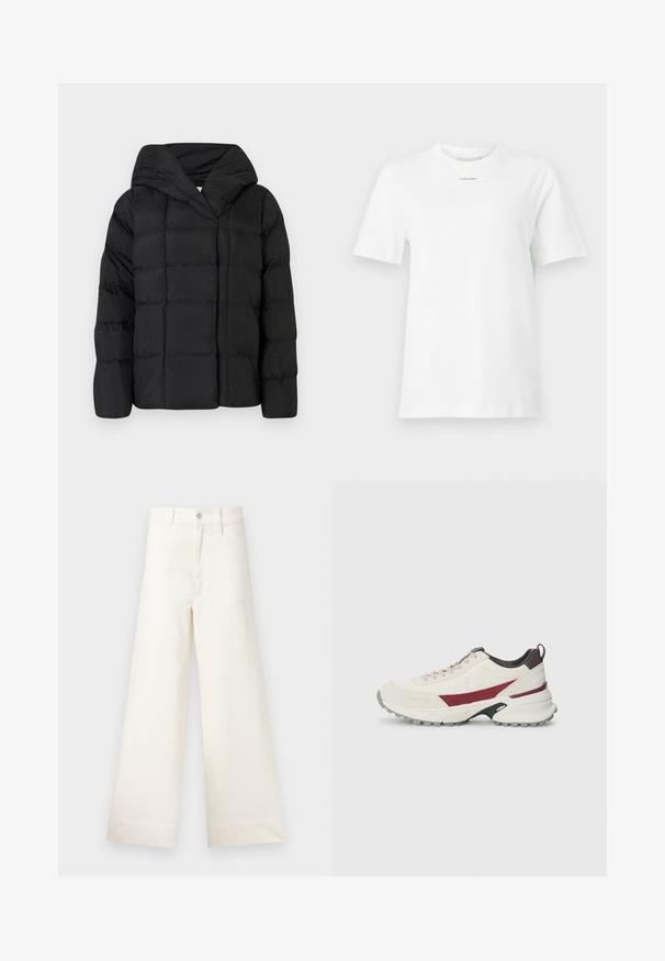Schwarze Daunenjacke mit Kapuze, versehen mit einer gesteppten Textur und übergroßem Schnitt. Weicher Stoff mit Vorderverschluss und minimalistischen Design.; Weißes Baumwoll-T-Shirt mit Rundhalsausschnitt, kurzen Ärmeln und einem kleinen schwarzen "Calvin Klein"-Logo auf der Brust. Schlichtes Design, keine Muster.; Weite Hosen aus hellem beigen Baumwollstoff. Mit hoher Taille, vorderen Taschen und geradem Schnitt. Saubere Saumverarbeitung ohne Muster.; Sneaker in Off-White mit burgunderroten Akzenten, strukturiertem Obermaterial, robustem Gummiausgang, runder Zehenform und Schnürsystem.