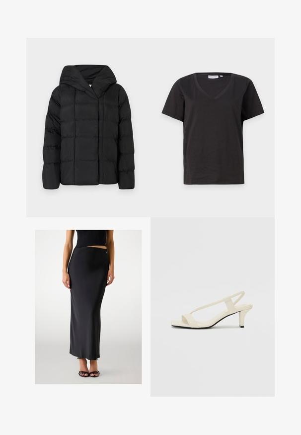Doudoune noire avec capuche, présentant une texture matelassée et une silhouette surdimensionnée. Tissu doux avec fermeture avant et design minimaliste.; T-shirt en coton noir avec un col en V et des manches courtes. Design simple avec une coupe régulière et sans motifs ni accents.; Jupe longue en satin noir au design épuré, avec un léger éclat et une fente sur le côté, associée à des sandales à talons noires à lanières.; Sandales beiges à talons carrés avec des fines brides et un bout carré. Matière lisse avec des détails minimaux, conçues pour un port facile.
