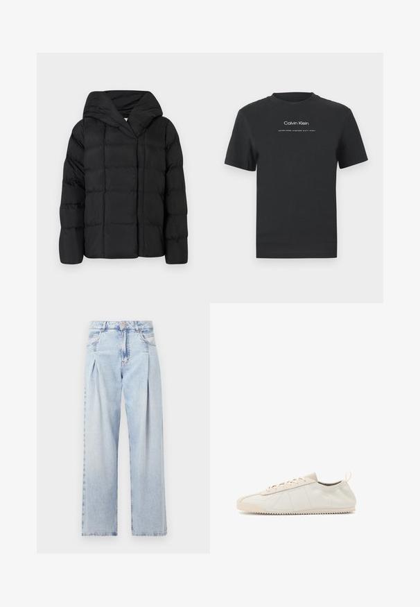 Doudoune noire avec capuche, présentant une texture matelassée et une silhouette surdimensionnée. Tissu doux avec fermeture avant et design minimaliste.; T-shirt en coton noir avec un col rond, des manches courtes, et un logo "Calvin Klein" imprimé en blanc ainsi que le texte "Established 1968".; Jeans en denim bleu clair avec taille haute, coupe large, deux poches latérales et design plissé. Texture douce avec une finition décolorée.; Baskets en cuir crème avec un bout rond, design à lacets, accents texturés et semelle en caoutchouc texturé avec un motif de traction en zigzag.