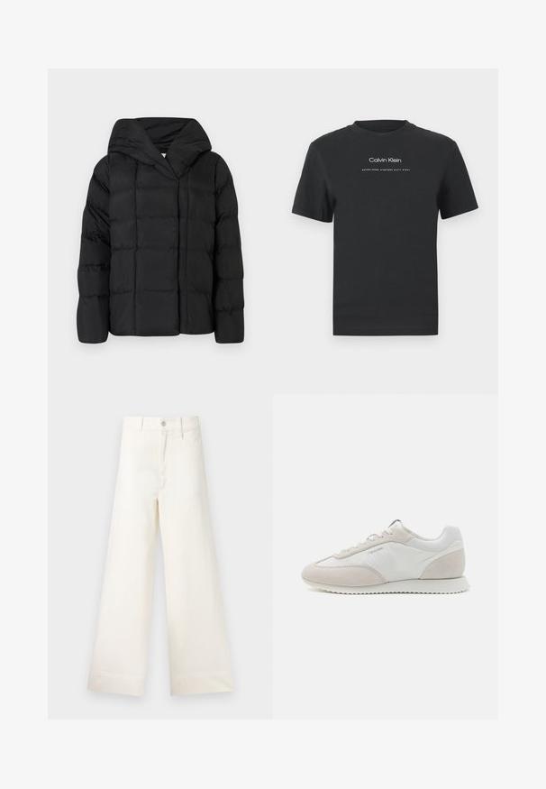 Mustahdin musta takki hupulla, jossa on tikattu rakenne ja ylisuurta siluettia. Pehmeä kangas, etuosan kiinnitys ja minimalistinen muotoilu.; Musta puuvillainen T-paita, jossa on pyöreä pääntie, lyhyet hihat ja valkoinen painettu "Calvin Klein" -logo sekä "Established 1968" -teksti.; Suorat lahkeet vaaleasta beige puuvillasta. Korkea vyötärö, etutaskut ja suora leikkaus. Siisti helman viimeistely ilman kuvioita.; Vaaleat lenkkitossut, joissa on yhdistelmä valkoista nahkaa ja beigeä mokkaa, teksturoidulla pohjalla ja vähäisellä brändäyksellä sivussa.