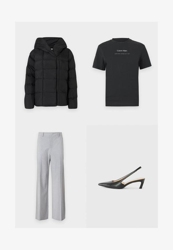 Črna puffer jakna s kapuco, ki ima prešito teksturo in preveliko silhueto. Mehka tkanina z sprednjim zapiranjem in minimalističnim dizajnom.; Črna bombažna majica s krožnim izrezom, kratkimi rokavi in belim potiskanjem logotipa "Calvin Klein" ter besedilom "Ustanovljen 1968".; Svetlo sivi hlače s krojem po meri, širokimi nogavicami, gladko teksturo in prednjimi gubami. Brez vidnih žepov ali dodatkov.; Črne čevlje s koničastimi nosovi in slingback obliko z nizko peto, izdelane iz gladke usnjene materiale ter s črtasto zasnovo na strani za prezračevanje.
