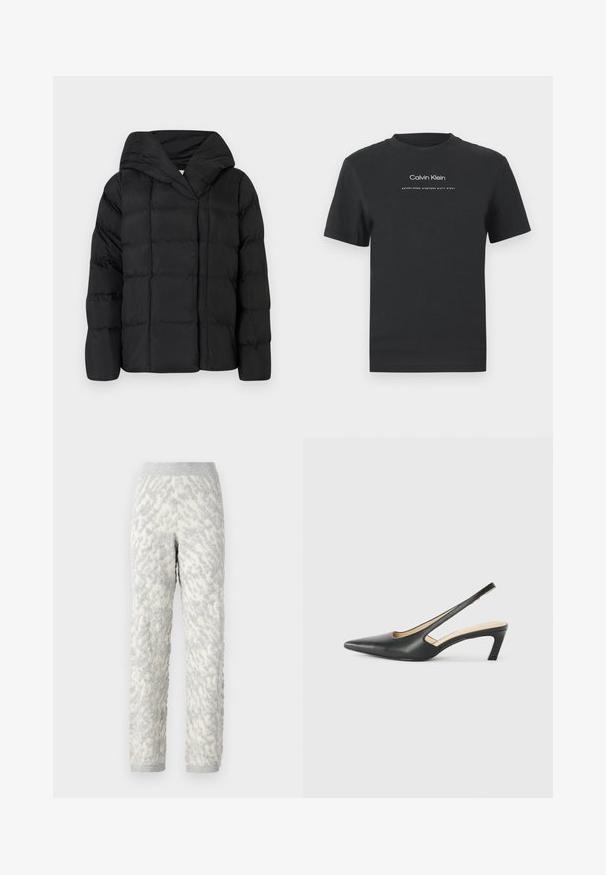 Black puffer jacket with a hood, featuring a quilted texture and oversized silhouette. Soft fabric with front closure and a minimalist design.; Black cotton T-shirt with a crew neckline, short sleeves, and white printed "Calvin Klein" logo and "Established 1968" text.; Textured lounge pants in ivory with gray patterns, featuring a soft fabric, elastic waistband, and ribbed cuffs.; Black pointy-toed slingback shoe with a low heel, featuring smooth leather material and cut-out design on the side for breathability.
