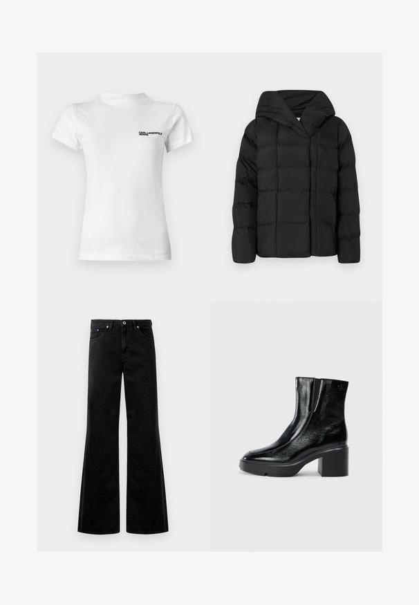 Black puffer jacket with a hood, featuring a quilted texture and oversized silhouette. Soft fabric with front closure and a minimalist design.; White cotton t-shirt with a round neck. Features short sleeves and a black logo text "KARL LAGERFELD JEANS" on the left chest.; Black denim flared jeans with a high waist, five-pocket design, and visible stitching details. Smooth texture with a slight sheen.; Black patent leather ankle boots with a curved toe, elastic side panels, and a chunky block heel. Features embossed logo on the back.