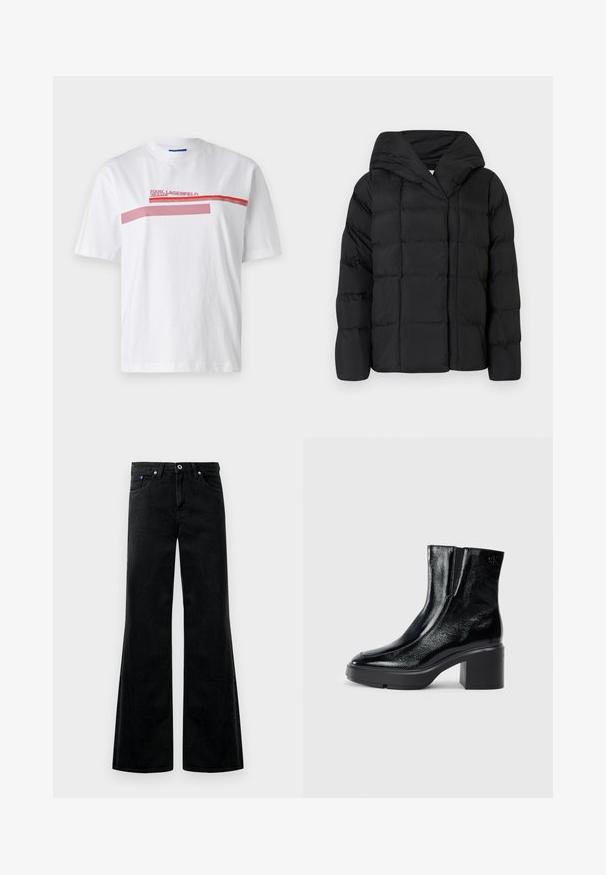 Black puffer jacket with a hood, featuring a quilted texture and oversized silhouette. Soft fabric with front closure and a minimalist design.; White cotton t-shirt featuring a crew neck, short sleeves, and a graphic print in red and pink across the chest with brand text.; Black denim flared jeans with a high waist, five-pocket design, and visible stitching details. Smooth texture with a slight sheen.; Black patent leather ankle boots with a curved toe, elastic side panels, and a chunky block heel. Features embossed logo on the back.