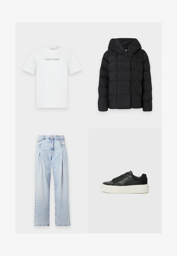 Sort pufferjakke med hætte, der har en quiltet tekstur og oversized silhuet. Blødt stof med frontlukning og minimalistisk design.; Hvid bomulds t-shirt med rund hals og korte ærmer. Den viser teksten "Calvin Klein" i grå på tværs af brystet.; Lyseblå denim jeans med høj talje, bred benåbning, to sidelommer og plisseret design. Blød tekstur med et falmet finish.; Sort lædersneaker med rund tå, hvid platformssål og sorte snørebånd. Har et diskret logo på hælen og en glat overflade.