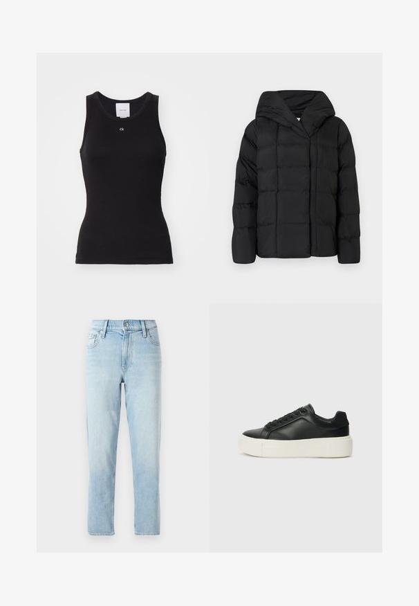 Juodas pūkinis džemperis su gobtuvu, turintis siuvinėtą tekstūrą ir per didelę siluetą. Minkšta medžiaga su priekiniais užtrauktukais ir minimalistiniu dizainu.; Juodas medvilnės maikutė be rankovių, prigludusio silueto, su apvalia iškirpte ir balta logo "ck" išspausdinta ant krūtinės, pasižyminti lygiu paviršiumi.; Šviesiai mėlyni džinsai, tiesaus kirpimo, vidutinio juosmens, su penkiomis kišenėmis ir mygtukų užsegimu priekyje.; Juodas odinis sportbačių modelis su apvaliu priekiu, baltu platformos padu ir juodais raišteliais. Yra subtilus logotipas ant kulno ir glotni tekstūra.