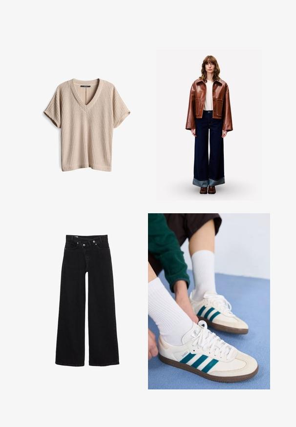Vrouw met golvend haar, gekleed in een bruine leren jas, een witte shirt, een wijde, donkerblauwe broek met omslag, en bruine schoenen, die tegen een effen achtergrond staat.; Crème kleurige gebreide trui met een ronde hals, geribde manchetten en zoom. Zachte textuur met een iets losse pasvorm, met een eenvoudig, strak ontwerp.; Beige geribbelde T-shirt met korte mouwen en V-hals, met een relaxte pasvorm en licht oprolbare mouwen, gemaakt van zachte gebreide stof.; Zwarte hoge taille wijde jeans met voorzakken, riemlussen en een dubbele knoopsluiting.; Witte sportschoenen met teal strepen, getextureerde bovenkant en bruine rubberen zolen. Gecombineerd met witte geribbelde sokken.