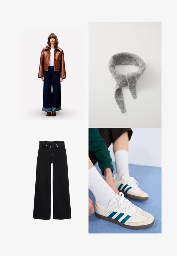 Woman with wavy hair wearing a brown leather jacket, white shirt, wide-leg dark blue cuffed jeans, and brown shoes, standing against a plain background.; Cream-colored knit sweater with a round neck, ribbed cuffs, and hem. Soft texture with a slightly loose fit, featuring a simple, clean design.; Black high-waist wide-leg jeans with front pockets, belt loops, and a double-button closure.; White athletic shoes with teal stripes, textured upper, and brown rubber soles. Paired with white ribbed socks.; Samsøe Samsøe NOR - Scarf - grey melange