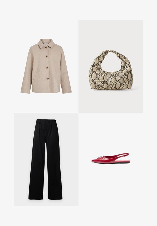 Béžová vlna smíšená bunda s límcem, pěti hnědými knoflíky, bočními kapsami a hranatým siluetem. Měkká textura a minimalistický design.; Beige pletený svetr s žebrovaným límcem, manžetami a lemem, s černým prošíváním na ramenech a horních rukávech.; Černé široké kalhoty s elastickým pasem; vyrobené z texturované tkaniny, s minimalistickým designem a rovným střihem nohavic.; Červená kožená sanda s plochým podpatkem a špičatou špičkou, s dekorativním šněrováním na přední straně, s úzkým řemínkem kolem kotníku a plochou podrážkou.; Kabelka s hadím vzorem a zakřiveným držadlem. Vyrobena z texturovaných béžových a hnědých materiálů, s charakteristickým diamantovým vzorem.