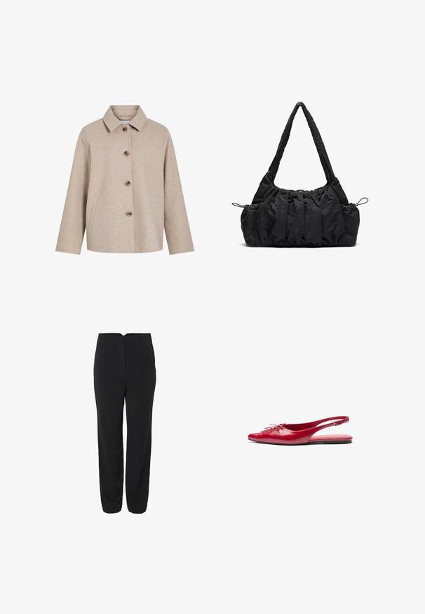 Beige gyapjú keverék zakó, galléros nyakkal, öt barna gombbal, oldalsó zsebekkel és dobozszerű siluettel. Puha tapintás és minimalista dizájn.; Beige kötött pulóver bordás, állógallérral, mandzsettával és szegéllyel, fekete cérnázott díszítéssel a vállakon és a felső ujjain.; Fekete nadrág egyenes szárú kialakítással, két elülső zsebbel és sima felülettel. Finom varrási részletek az elülső részen.; Piros bőr, hátul nyitott lapos cipő, hegyes orral és dekoratív fűzős részlettel az elején, vékony bokapánttal és lapos talppal.; Fekete szövet kézitáska gyűrött textúrával, két vállpánttal és fűzős záródással az oldalakon. Simább, könnyű anyag.