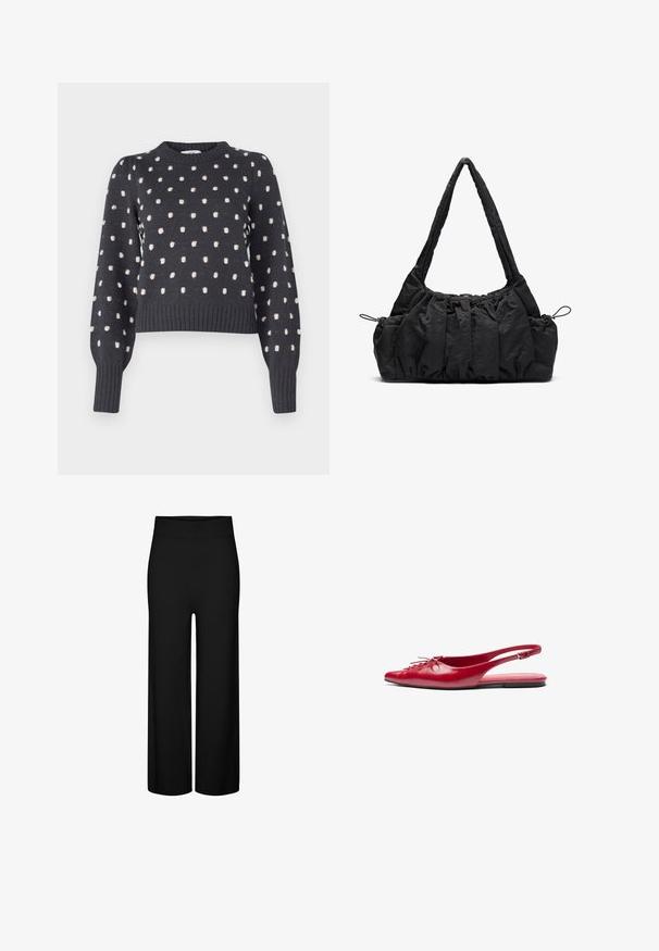 Beige Wollmischung-Jacke mit Kragen, fünf braunen Knöpfen, Seitentaschen und einer boxy Silhouette. Weiche Textur und minimalistisches Design.; Dunkelgrauer Pullover mit Rundhalsausschnitt, der ein strukturiertes Muster aus hellrosa Punkten sowie gerippte Bündchen und Saum aufweist.; Schwarze weit geschnittene Hose mit dehnbarem Bund, die eine glatte Textur aufweist und keine sichtbaren Muster oder Akzente hat.; Rote Leder-Slingback-Ballerina mit spitzem Zehenbereich und dekorativem Schnürdetail an der Vorderseite, ausgestattet mit einem schmalen Knöchelriemen und flachem Fußbett.; Schwarze Stoffhandtasche mit geraffter Textur, zwei Schulterträgern und Kordelzugverschluss an den Seiten. Glattes, leichtes Material.