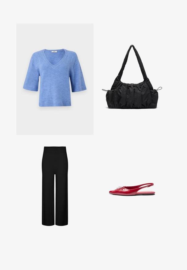 Chaqueta de mezcla de lana beige con cuello tipo solapa, cinco botones marrones, bolsillos laterales y silueta cuadrada. Textura suave y diseño minimalista.; Suéter de manga corta y escote en V en azul claro. Fabricado en material suave con acentos acanalados en las mangas y el dobladillo. Corte relajado y textura ligera.; Pantalones de pierna ancha negros con una cintura elástica, que presentan una textura suave y sin patrones ni acentos visibles.; Zapato plano de charol rojo con punta afilada y un detalle decorativo de cordones en la parte delantera, que incluye una delgada correa en el tobillo y suela plana.; Bolso de tela negra con textura fruncida, dos asas para el hombro y cierre de cordón en los laterales. Material suave y ligero.