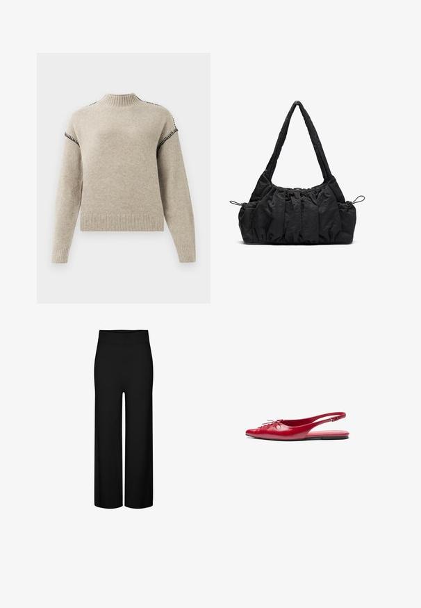 Bežinis vilnos mišinio švarkas su apykakle, penkiomis rudos spalvos mygtukais, šoninėmis kišenėmis ir dėžute panašiu siluetu. Minkšta tekstūra ir minimalus dizainas.; Šviesiai rudas megztinis su raukšlėtu apykakle, rankogaliais ir apačia, puošiamas juodais siūlų siuvinėjimais ant pečių ir viršutinių rankovių.; Juodi plačiakojai kelnės su tampri juosta, pasižyminčios glotnia tekstūra ir be matomų raštų ar akcentų.; Raudoni odiniai slingback baja su smailiu pirštu ir dekoratyviu raišteliu priekyje, turintis ploną kulkšnies dirželį ir plokščią padą.; Juodas audinio rankinukas su suraizgytu tekstūru, dviem petinėmis rankenomis ir raišteliu šonuose. Sklandus, lengvas audinys.