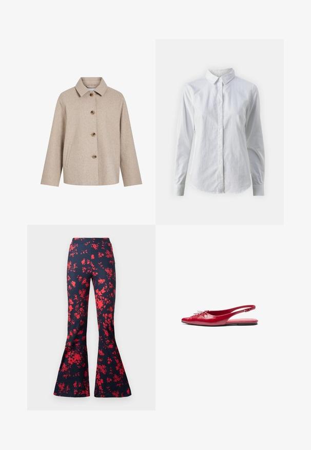 Bež jakna od vune s ogrlicom, pet smeđih gumba, bočnim žepovima i kutijastim siluetom. Mekana tekstura i minimalistički dizajn.; Bjela košulja na dugih rukava od glatkog pamuka, s klasičnom kragnom i zakrivljenim rubom. Dugmad su mala i bijela.; Ženske hlače s zvonastim krojem u tamnoplavoj tkanini s svijetlom crvenom cvjetnom uzorkom. Imaju uski pojas i nogavice koje se šire prema dnu. Glatka tekstura.; Crvene kožne cipele s remenom oko pete, ravne, s šiljastim vrhom i dekorativnim vezanjem sprijeda, s uskim remenom oko gležnja i ravnim đonom.