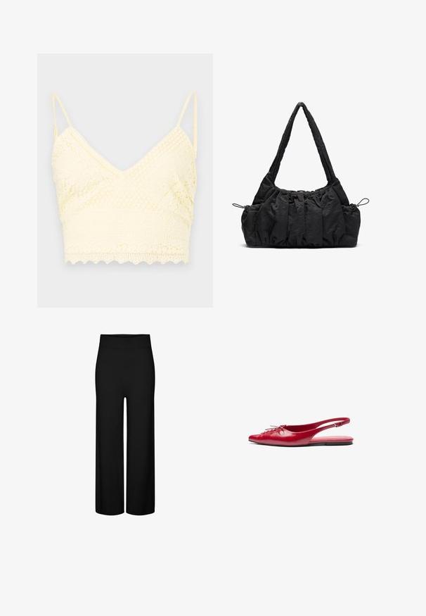 Béžová vlna smíšená bunda s límcem, pěti hnědými knoflíky, bočními kapsami a hranatým siluetem. Měkká textura a minimalistický design.; Žlutý krajkový bralet s V-výstřihem, nastavitelné ramínka, texturované vzory a zvlněný lem.; Černé široké kalhoty s elastickým pasem, se hladkým povrchem a bez viditelných vzorů nebo doplňků.; Červená kožená sanda s plochým podpatkem a špičatou špičkou, s dekorativním šněrováním na přední straně, s úzkým řemínkem kolem kotníku a plochou podrážkou.; Černá látková kabelka se skládáním, dvěma ramenními popruhy a stahovacími šňůrkami po stranách. Hladký, lehký materiál.