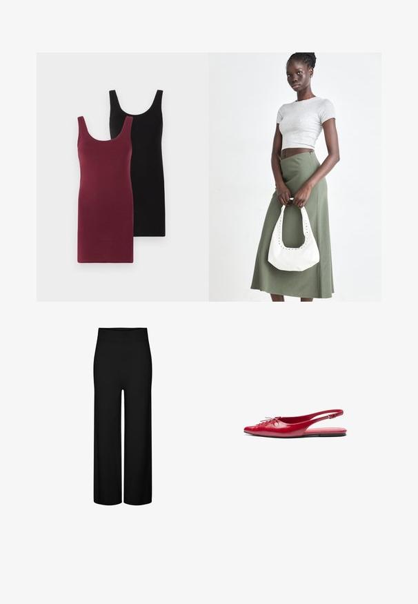 Giacca in misto lana beige con colletto, cinque bottoni marroni, tasche laterali e silhouette ampia. Texture morbida e design minimale.; Due vestiti senza maniche: uno in bordeaux e uno in nero. Realizzati in tessuto morbido e elasticizzato con un design aderente e scollatura rotonda.; Pantaloni neri a gamba larga con una cintura elastica, caratterizzati da una texture liscia e senza motivi o dettagli visibili.; Scarpa piatta slingback rossa in pelle con punta affusolata e un dettaglio decorativo di lacci nella parte frontale, caratterizzata da una sottile fascia alla caviglia e suola piatta.; Top crop a coste grigio e gonna a vita alta verde oliva. Il modello tiene una borsa a spalla bianca con dettagli intagliati. Design semplice, silhouette aderente.