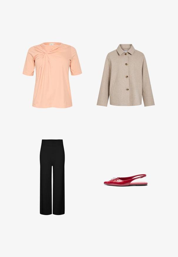 Beige wollen mix jas met een kraag, vijf bruine knopen, zijzakken en een boxy silhouette. Zachte textuur en minimalistisch ontwerp.; T-shirt met korte mouwen in licht perzik, met een gedraaid ontwerpdetail aan de voorkant, gemaakt van zachte, lichte stof met een ronde halslijn.; Zwarte wijde broek met een elastische tailleband, met een gladde textuur en zonder zichtbare patronen of accenten.; Rode leren slingback platte schoen met een puntige neus en een decoratieve vetersluiting aan de voorkant, voorzien van een slanke enkelband en een platte zool.