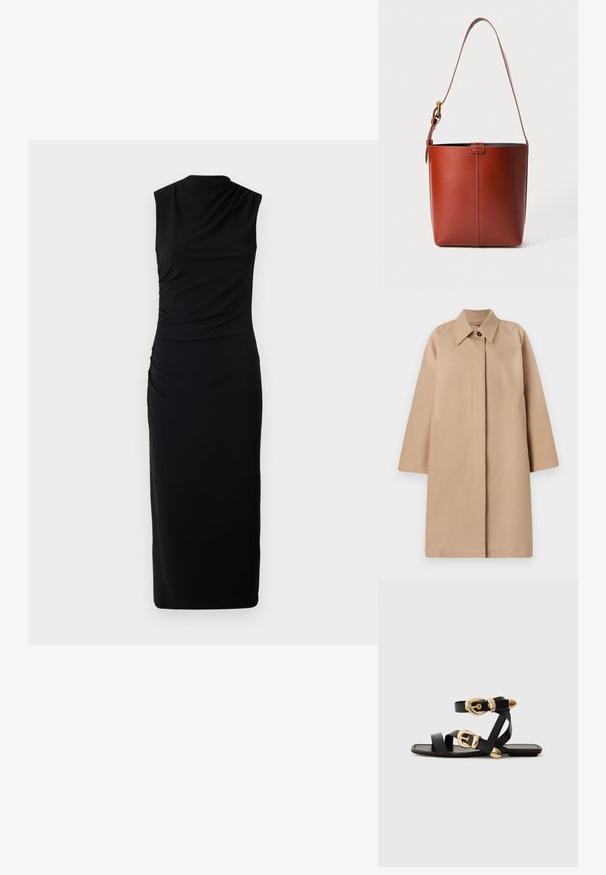 Beżowy długi płaszcz z kołnierzykiem, jednolitym zapięciem na guzik, luźnymi rękawami i bocznymi kieszeniami. Gładka tkanina i minimalistyczny design.; Czarna sukienka bez rękawów z wysokim dekoltem, z marszczeniami po bokach, wykonana z gładkiego, elastycznego materiału, o dopasowanym kroju do kostek.; Czarne skórzane sandały z złotymi klamrami, z wieloma paskami i płaską podeszwą, idealne do noszenia na gołe palce.; Brązowa skórzana torebka w kształcie wiadra z regulowanym paskiem na ramię i złotą klamrą, prosta pionowa szew na przodzie.