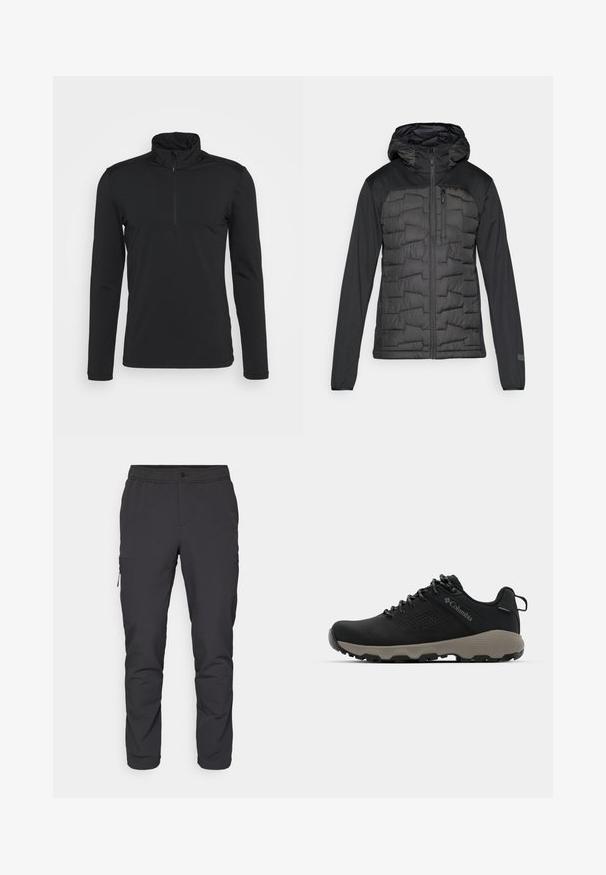 Polstret svart jakke med hette, med en glatt, matt finish. Inkluderer glidelåslukking foran og brystlommer, med teksturert mønster på kroppen.; Svart langermet genser med høy krage og glidelåsåpning. Glatt tekstur, ingen synlige mønstre, og minimalistisk design.; Sorte, tettsittende bukser med elastisk midjebånd, glidelåslomme på siden og glatt, lett stoff. Ideelle for aktiv bruk.; Svart tursko med glatt overdel, perforert design, grå såle og forsterket hæl. Har snøringer og en pull-tab for enkel påkledning.