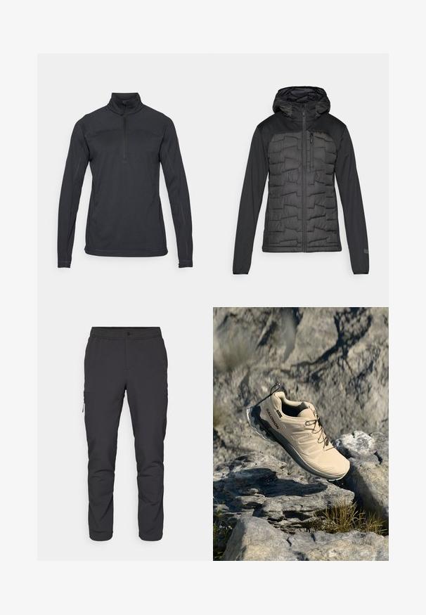 Párnázott fekete dzseki, kapucnival, sima, matt felülettel. Zippzáros elülső és mellzsebbel rendelkezik, a testen textúrált minta található.; Fekete pulóver, fézipzárral, hosszú ujjakkal, texturált anyagból, megerősített varrással. Az ujjon logó részlet található.; Fekete, tapered szabású nadrág gumis derékrésszel, cipzáras oldalzsebbel és sima, könnyű anyaggal. Aktív viselethez ideális.; Barna Salomon terepfutó cipő a levegőben, sziklás kültéri táj felett, ahol szórványosan fű és apró kövek találhatók.