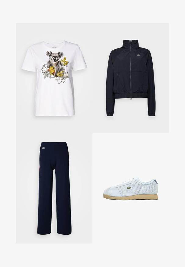 Leichte schwarze Windjacke mit hohem Kragen, Frontreißverschluss und elastischen Bündchen; verfügt über ein kleines grünes Logo auf der Brust.; Weißes Baumwoll-T-Shirt mit einem Koala-Motiv, der Brille und Accessoires trägt, umgeben von illustrierten Blättern und Blumen in gedämpften Farben.; Marineblaue weit geschnittene Hosen mit weicher Textur, ausgestattet mit einem gerippten Bund und einem kleinen grünen Logo auf der Vorderseite, das ein sauberes Design hervorhebt.; Helleblaue Netzsneaker mit beigem Gummisohl, weißen Schnürsenkeln und grünen Logo-Details. Verfügt über eine runde Zehenpartie und strukturierte Seitenpaneele.