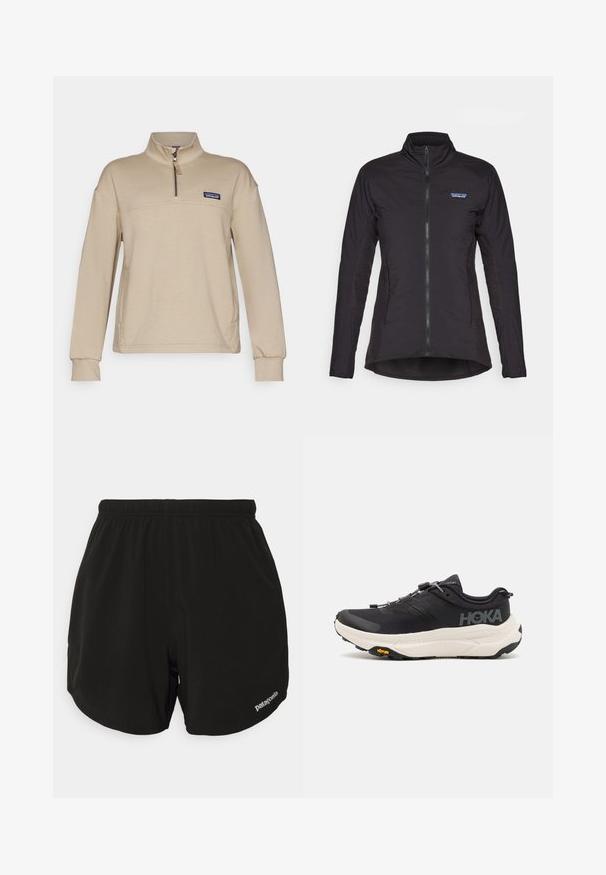 Zwarte ritsjack met hoge kraag, gemaakt van gladde stof, met gestructureerde zijpanelen en een Patagonia-logo op de borst.; Beige fleece pullover met een halve rits, staande kraag en lange mouwen. Voorzien van een klein patchlogo op de linkerkant van de borst. Zachte textuur.; Zwarte sportshorts met een elastische tailleband, voorzien van een gebogen zoom, zijzakken en een klein wit "Patagonia" logo op de rechter onderkant.; Zwarte sportschoenen met een ademend bovenwerk van mesh, rubberen buitenzool, witte dempende tussenzool en reflecterende veters. Vibram-logo op de buitenzool.
