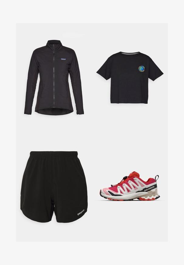 Zwarte ritsjack met hoge kraag, gemaakt van gladde stof, met gestructureerde zijpanelen en een Patagonia-logo op de borst.; Zwart katoenen T-shirt met korte mouwen en een ronde, multicolor logo op de borst. Rechte zoom en een relaxte pasvorm.; Zwarte sportshorts met een elastische tailleband, voorzien van een gebogen zoom, zijzakken en een klein wit "Patagonia" logo op de rechter onderkant.; Rood en roze mesh sneakers met witte en zwarte accenten. Beschikt over een gewatteerde kraag, klittenbandsysteem en een gestructureerde rubberen zool.