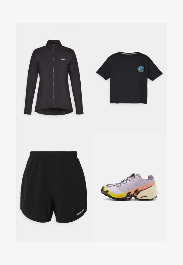 Svart hettejakke med glidelås, laget av glatt stoff, med teksturerte sidepaneler og Patagonia-logo på brystet.; Svart bomull T-skjorte med kort erm som har en sirkulær, flerfarget logo på brystet. Rett kant og avslappet passform.; Svart trening shorts med elastisk midje, med buet nederkant, sidelommer og en liten hvit "Patagonia"-logo nederst til høyre.; Salomon SPEEDCROSS 6 - Løpesko for mark - orchid petal/black/sulphur spring