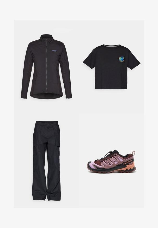 Svart hettejakke med glidelås, laget av glatt stoff, med teksturerte sidepaneler og Patagonia-logo på brystet.; Svart bomull T-skjorte med kort erm som har en sirkulær, flerfarget logo på brystet. Rett kant og avslappet passform.; Columbia BREA FALLS™ COTTON RIPSTOP PANT - Friluftsbukser - black; Trailløpesko i svart, bordeaux og rosa. Har et mesh-overdel, integrert snøresystem, teksturert såle og stabiliserende hælforsterkning.