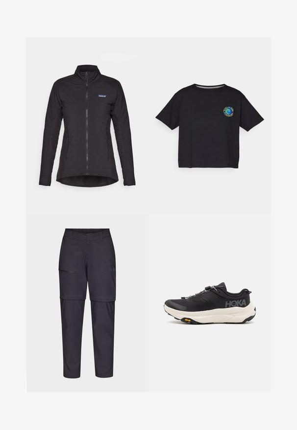 Μαύρο φερμουάρ μπουφάν με ψηλό γιακά, φτιαγμένο από λεία ύφασμα, με υφασμένα πλαϊνά πάνελ και λογότυπο Patagonia στο στήθος.; Μαύρο κοντομάνικο μπλουζάκι από βαμβάκι με κυκλικό πολύχρωμο λογότυπο στο στήθος. Ευθεία γραμμή και χαλαρή εφαρμογή.; Ναυτικές παντελόνες πεζοπορίας με αποσπώμενα μπατζάκια, κατασκευασμένες από ελαφρύ, λείο ύφασμα. Διαθέτουν μια τσέπη με φερμουάρ στο μηρό και δύο κουμπιά στο μέσο.; Μαύρα αθλητικά παπούτσια με άνω μέρος από αναπνεύσιμο διχτυωτό υλικό, καουτσούκ σόλα, λευκή ενδιάμεση σόλα με απορρόφηση κραδασμών και ανακλαστικά κορδόνια. Λογότυπο Vibram στη σόλα.