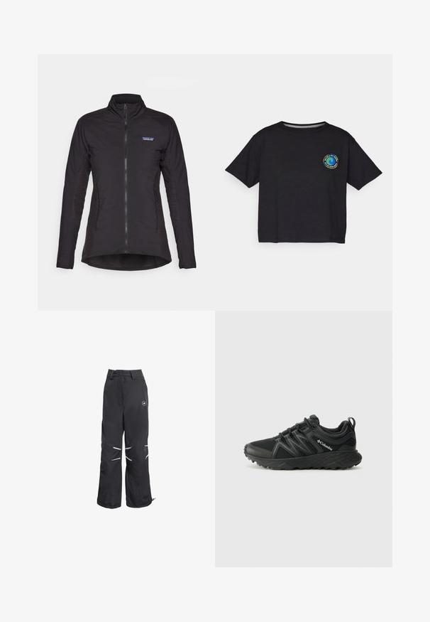 Zwarte ritsjack met hoge kraag, gemaakt van gladde stof, met gestructureerde zijpanelen en een Patagonia-logo op de borst.; Zwart katoenen T-shirt met korte mouwen en een ronde, multicolor logo op de borst. Rechte zoom en een relaxte pasvorm.; Zwarte wijde broek met reflecterende details op de knieën, hoge taille met riemlussen en een ronde logo op de bovenste rechterdij.; Columbia PEAKFREAK - Outdoorschoenen - black