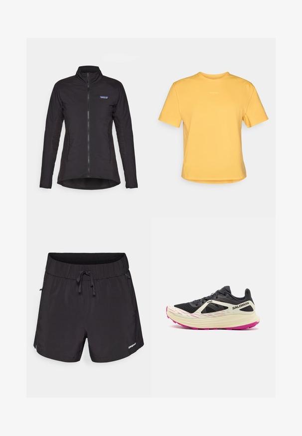 Giacca nera con zip e colletto alto, realizzata in tessuto liscio, con pannelli laterali testurizzati e logo Patagonia sul petto.; T-shirt giallo a maniche corte con collo rotondo, realizzato in tessuto morbido. Presenta un logo discreto sul petto e un orlo dritto.; Pantaloni da bagno neri realizzati in tessuto leggero, dotati di vita elastica, cordino e tasche laterali per una maggiore praticità.; Salomon ULTRA FLOW - Scarpe da trail running - black/transparent yellow/rose violet