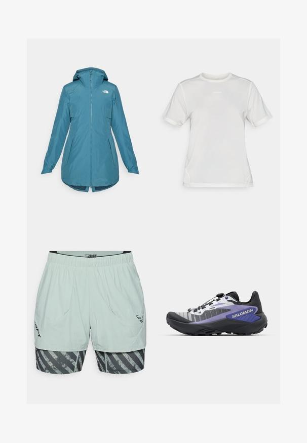 Türkiise veekindel jakk, millel on kapuuts, lukuga esitasku ja kaks küljetaskut. Omab elastseid mansette ja pikemat tagumist serva. Logo on vasakul ülanurgas.; Valge lühikeste varrukatega sportlikest võrkkanga särk, ümar kaelus ja väike "Salomon" logo keskel rinnal.; Heledad hallitanud sportlikud lühikesed püksid, millel on võrgukangas, küljetaskud ja elastne vöökoht. Siseosa on musta ja halli riba mustriga.; Jooksujalats, millel on hall ja must tekstiil ülapind lilla aktsentidega, pehme talla ja kiire paelumise süsteem.