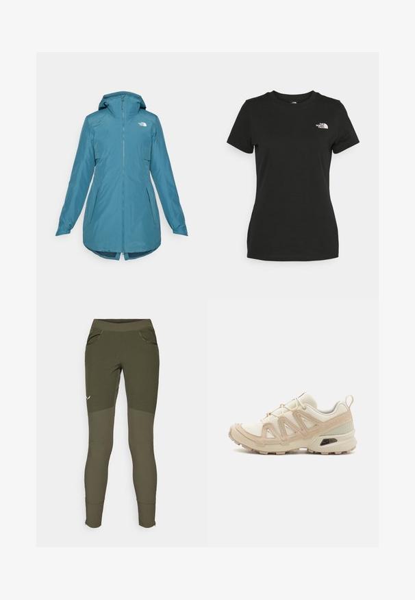 Teal vanntett jakke med hette, glidelås foran og to sidelommer. Den har elastiske ermer og en lengre bakdel. Logo på øvre venstre side.; Svart bomull t-skjorte med rund hals og korte ermer. Fremtredende hvit logo øverst til venstre. Glatt tekstur, avslappet passform.; Olivegrønne treningsbukser med teksturert design, to sidelommer, tettsittende passform og glidelås ved ankler for justerbare benåpninger.; Beige og krem joggesko med teksturert mesh-overdel, støttende overlegg og gummisåle med et mønster for godt grep.