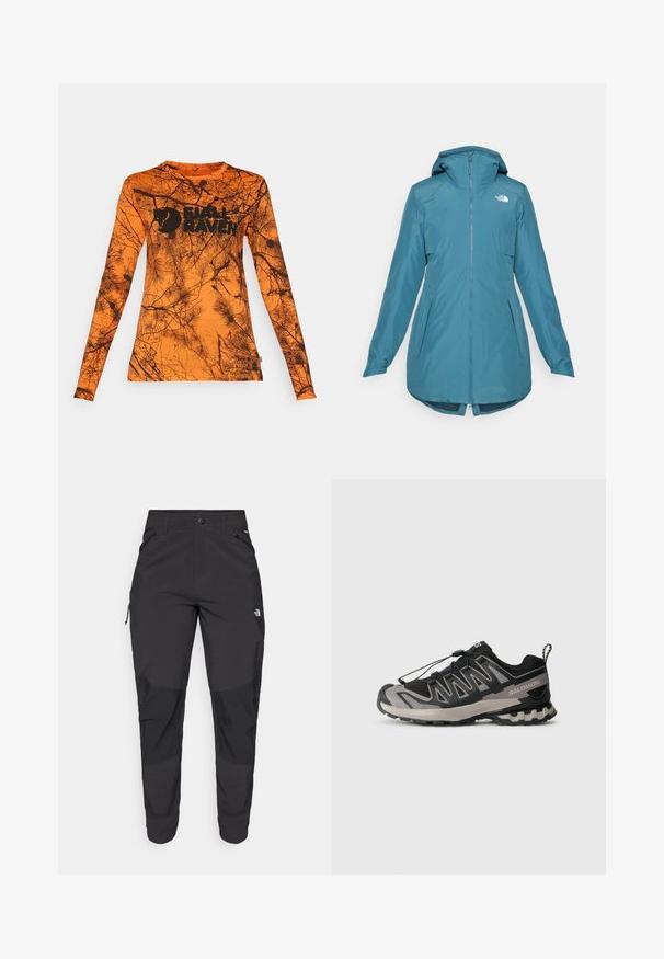 Teal waterproof jacket with a hood, zip front, and two side pockets. Features elastic cuffs and a longer back hem. Logo on upper left side.; Long-sleeve shirt in bright orange with black tree branch pattern. Features Fjällräven logo on the front. Lightweight, smooth textile.; Black outdoor pants made of durable fabric. Feature zippered pockets, reinforced knee panels, and a straight cut design for mobility.; Black and gray athletic shoe with mesh upper, rubber sole, and elastic lace system. Features a reinforced toe and textured accents.