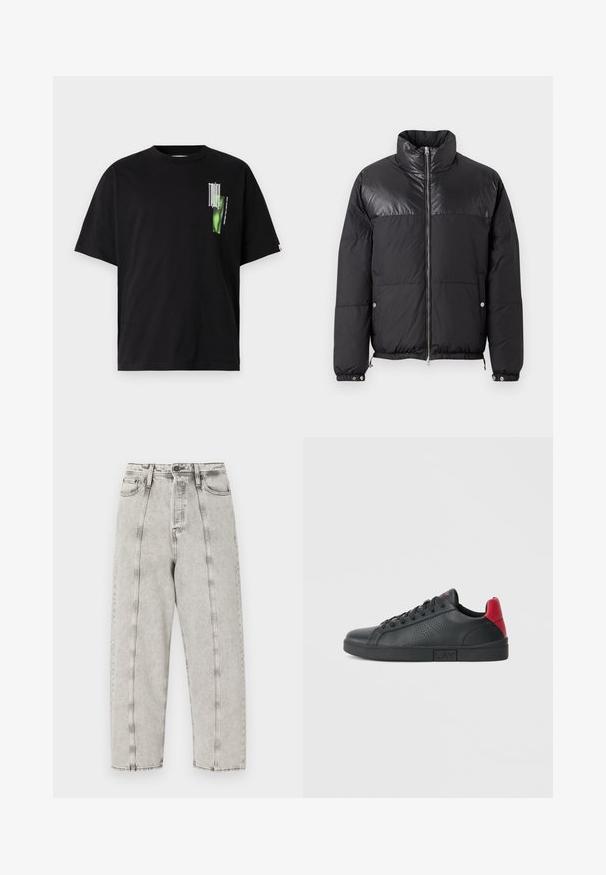 Replay WINTER PUFFER - Ziemas jaka - black; Melna kokvilnas t-kreklā ar apaļu kaklu. Izceļas ar zaļu grafisko dizainu ar tekstu kreisajā krūšu daļā. Īsas piedurknes un brīva piegriezuma stils.; Pelēki augsta jostasvieta džinsi ar brīvu piegriezumu, ar taisnu kāju dizainu, redzamām dūrēm un nolietotu tekstūru.; Melnais sintētiskais sneakers ar sarkaniem papēža akcentiem, perforētu sānu dizainu, noapaļotu pirkstu daļu, plakanu melnu zoli un melnām šņorēm.