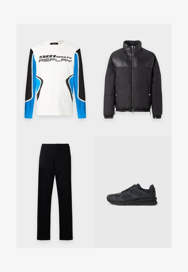 Replay WINTER PUFFER - Žieminė striukė - black; Ilgų rankovių sportinė marškinė su balta priekiu, juodais ir mėlynais rankovių paneled, ir "981 sport REPLAY" logotipu atspausdintu krūtinėje.; Juodas džinsas su tiesiomis kojomis. Ypatybės: du priekiniai kišeniai, mygtukų closure, ir švarus, lygus paviršius.; Replay ARTHUR ATOM - Sportbačiai - black