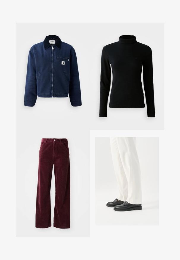 Námornícky modrá zipsová bunda s čiernym golierom, dvoma prednými vreckami, vreckom na zips na hrudníku a malou nášivkou loga Carhartt na ľavej strane hrudníka.; Čierny pletený sveter s dlhým rukávom a rolákom s priliehavým strihom na jednofarbenom bielom pozadí.; Burgundy kordúrové nohavice s širokým strihom, ktoré majú predné vrecká, zapínanie na gombík a rebrovanú textúru po celom povrchu.; Čierne kožené mokasíny s hladkou textúrou, šitím a zaoblenou špičkou, spárované s bielymi elegantnými nohavicami.