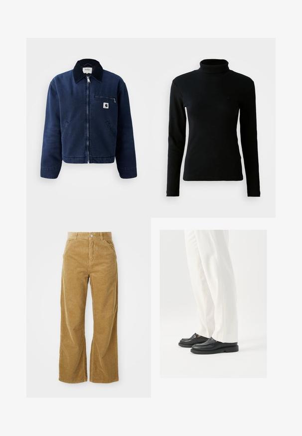 Granatowa bluza zapinana na zamek z czarnym kołnierzem, dwoma przednimi kieszeniami, kieszonką na zamek na piersi oraz małą metką z logo Carhartt na lewej piersi.; Czarny, żebrowany sweter z długim rękawem i golfem o dopasowanym kroju na jednolitym białym tle.; Spodnie z szerokimi nogawkami z kordury w jasnobrązowym kolorze, z teksturowanym prążkowanym wzorem, pięcioma kieszeniami i zapięciem na guzik w talii.; Czarne skórzane mokasyny o gładkiej teksturze, ze szczegółami w postaci szwów i zaokrąglonym noskiem, zestawione z białymi eleganckimi spodniami.