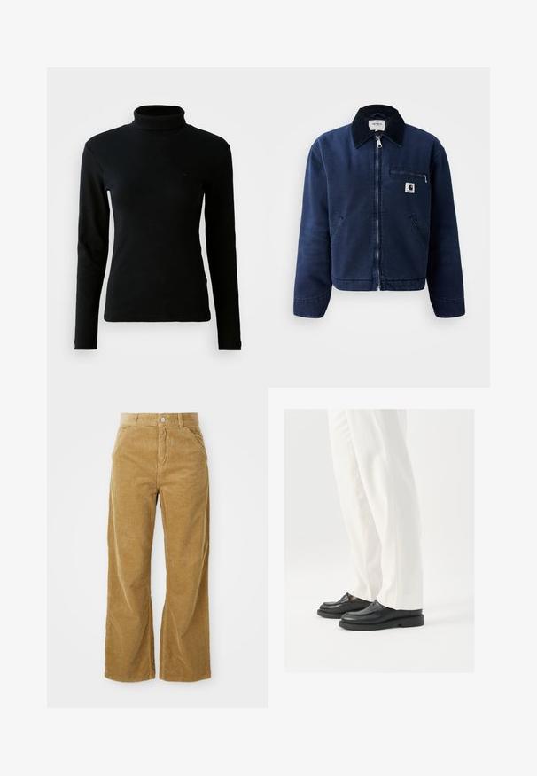 Jachetă cu fermoar de culoare albastru marin, cu guler negru, două buzunare frontale, buzunar cu fermoar pe piept și o mică etichetă cu logo Carhartt pe partea stângă a pieptului.; Pulover negru cu guler înalt, din material texturat, cu mâneci lungi și siluetă ajustată, pe un fundal alb simplu.; Pantaloni largi din velur în culoare maro deschis, având un model texturat cu nervuri, cinci buzunare și un sistem de închidere cu nasture la talie.; Mocasini din piele neagră cu o textură netedă, detalii cusute și vârf rotunjit, asortați cu pantaloni albi, croiți.
