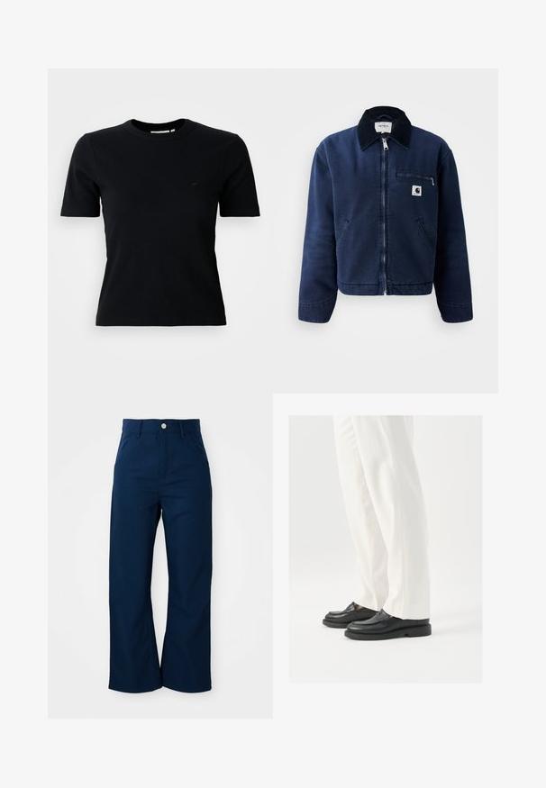Marineblaue Zip-Jacke mit schwarzem Kragen, zwei Fronttaschen, Brust-Reißverschlusstasche und kleinem Carhartt-Logo-Patch auf der linken Brust.; Schwarzes, geripptes Kurzarm-T-Shirt mit Rundhalsausschnitt; verfügt über ein dezentes Logo auf der Brust; aus einem weichen, strukturierten Stoff gefertigt.; Marineblauwe weite Hose aus robustem Stoff, mit einem Frontknopfverschluss und vier Taschen mit einer glatten Textur.; Schwarze Lederloafers mit glatter Textur, mit Stichdetails und runder Zehenform, kombiniert mit weißen maßgeschneiderten Hosen.