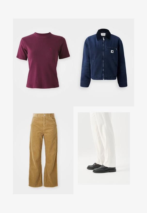 Marineblauwe zip-up jas met zwarte kraag, twee voorkruimelpockets, een borstzak met rits en een klein Carhartt logo-opdruk op de linkerkant van de borst.; Korte mouwen geribde bordeauxrode T-shirt met ronde hals en subtiele geborduurde logo op de linkerborst.; Lichtbruine corduroy wijde broek met een gestructureerd ribbelpatroon, vijf zakken en een knoopsluiting in de taille.; Zwarte leren loafers met een gladde textuur, steekdetails en een ronde neus, gecombineerd met witte, op maat gemaakte broeken.