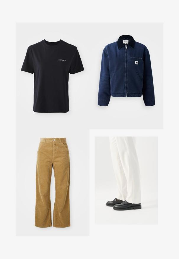 Giacca zip-up blu navy con colletto nero, due tasche frontali, tasca con zip sul petto e piccolo badge del logo Carhartt sul lato sinistro del petto.; T-shirt in cotone nero con collo a giro, maniche corte e logo "Carhartt" bianco sul lato sinistro del petto. Texture liscia, vestibilità standard.; Pantaloni a gamba larga in corduroy color marrone chiaro, con un motivo a coste testurizzato, cinque tasche e una chiusura a bottone in vita.; Mocassini neri in pelle con una texture liscia, dettagli in cucitura e punta arrotondata, abbinati a pantaloni bianchi su misura.