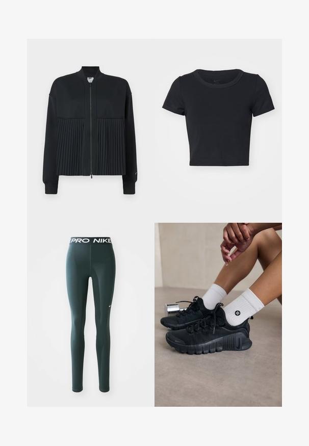 Crna jakna s zatvaračem sprijeda, koja ima glatki gornji dio i plisirani donji dio. Izrađena je od mekog, rastezljivog materijala.; Crna skraćena majica s kratkim rukavima izrađena od meke, rastezljive tkanine. Ima okrugli izrez i jednostavan dizajn.; Tamnozelene tajice od rastezljivog materijala, s širokim pojasom na kojem je logo "PRO NIKE" i malim bijelim Nike swooshom sa strane.; Crne atletske tenisice s teksturiranim materijalom, vezivanjem i istaknutim potplatom, u kombinaciji s bijelim rebrastim čarapama koje imaju mali logo.