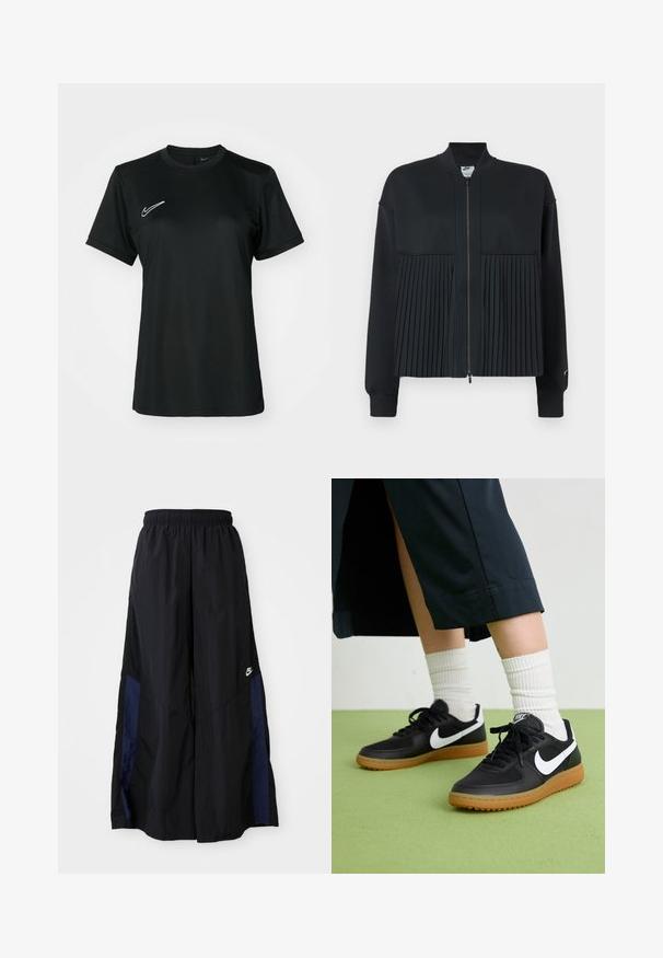Fekete dzseki, elöl cipzárral, sima felső résszel és redőzött alsó résszel. Puha, rugalmas anyagból készült.; Fekete, rövid ujjú sportpóló kerek nyakkivágással. Az előlap bal felső részén fehér Nike logó található. Simogatós, könnyű anyag.; Fekete, bő szárú nadrág könnyű anyagból, tengerészkék oldalsó panellel és elasztikus derékkal. Kicsi fehér logó az alján.; Fekete bőr és szintetikus sneakers, fehér Nike logo-val, gumi talppal, kerek orral és fekete fűzővel. Csíkos fehér zokni látható.
