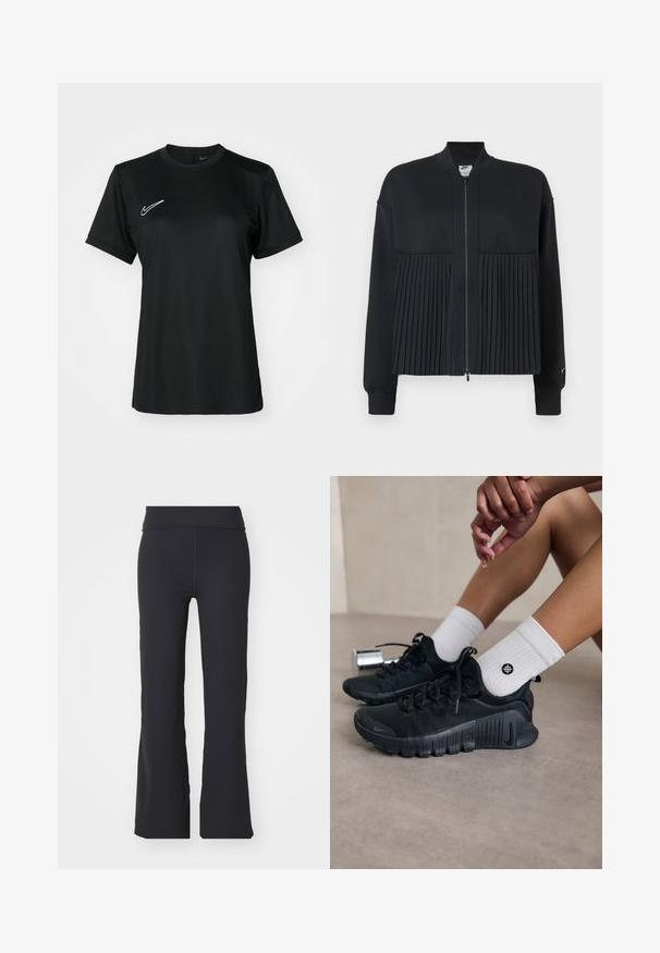 Černá bunda se zipem vpředu, s hladkým horním dílem a skládacím dolním dílem. Vyrobena z měkkého, pružného materiálu.; Černé sportovní tričko s krátkým rukávem a kulatým výstřihem. Na horní levé straně se nachází bílé logo Nike. Hladká, lehká tkanina.; Černé rozšířené kalhoty z elastické tkaniny s vysokým pasem. Mají čisté linie a hladkou texturu, ideální pro každodenní nošení.; Černé sportovní boty s texturovanou látkou, šněrováním a výraznou podrážkou, v kombinaci s bílými žebrovanými ponožkami s malým logem.