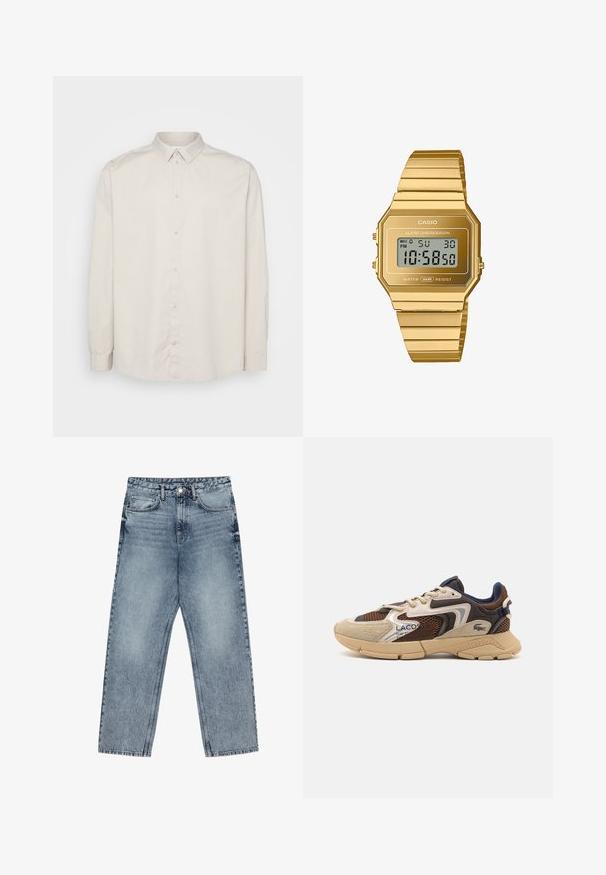 Brauner Kunstwildlederjacke mit Kragen, zwei aufgesetzten Fronttaschen, gerippten Bündchen und Saum. Glatte Textur und lockerer Schnitt.; Brauner Rollkragenpullover aus weichem Stoff, mit langen Ärmeln, gerippten Bündchen und tailliertem Schnitt ohne sichtbare Muster.; Langarm-Hemd aus leichtem beigen Baumwollstoff. Verfügt über einen klassischen Kragen, eine durchgehende Knopfleiste und Manschetten mit Knöpfen. Glatte Textur.; Hellblaue Jeans aus Denim mit geradem Schnitt, sichtbaren Nähten, fünf Taschen-Design und einem Knopfverschluss an der Taille.; Beige und braune Sneakers mit strukturierten Netzpaneelen, Wildlederakzenten und einer Gummisohle. Verfügt über ein Schnürdesign und Marken-Detailing.; Casio Digitaluhr mit achteckigem Gehäuse aus vergoldetem Edelstahl und Armband, ausgestattet mit LCD-Anzeige, Wecker und Wasserbeständigkeit.